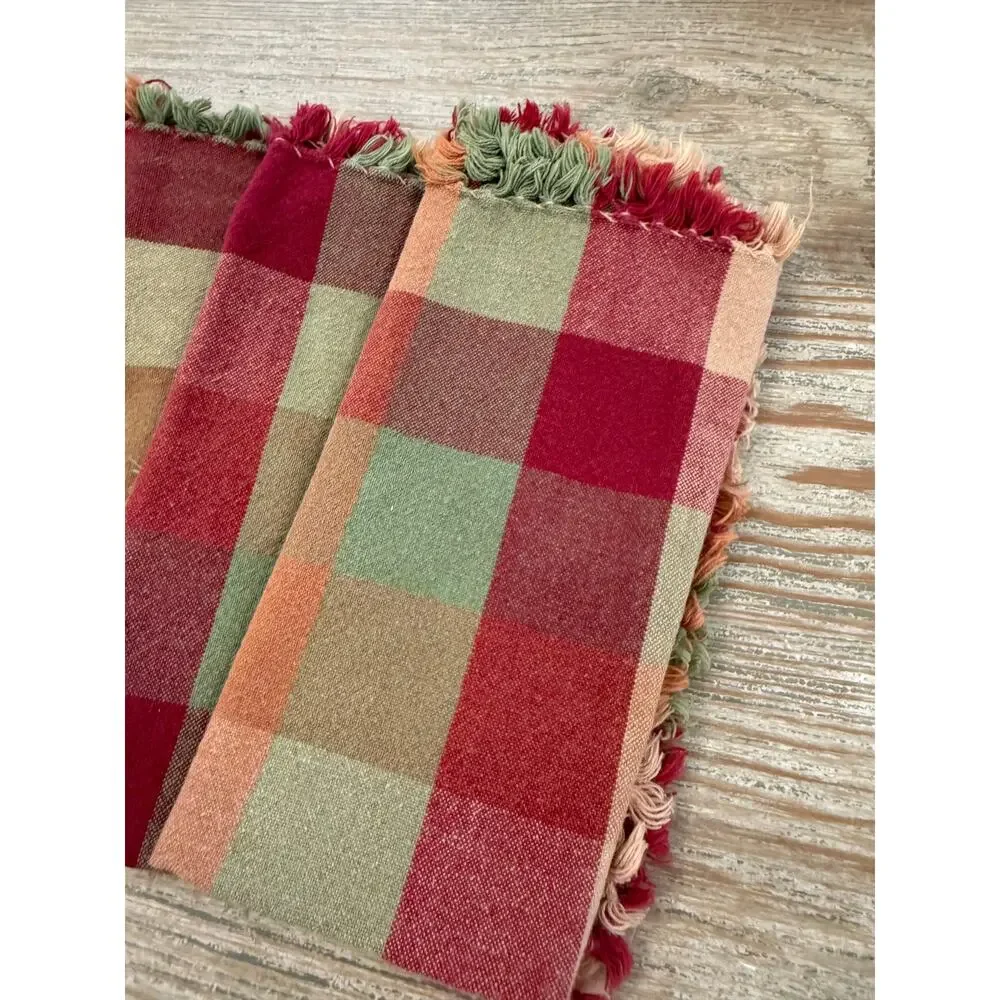 Country Cotton Fringed Napkin Bundle Red Green Plaid Print